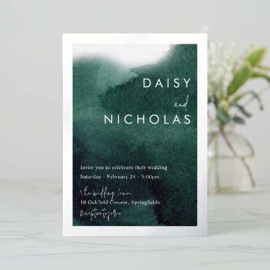 Emerald Green Watercolor Wedding Silver  箔招待状 (立ち正面)