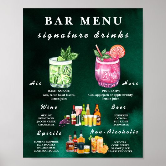 Emerald Green Wedding Bar Menu ポスター (正面)