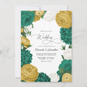 Emerald Green, White & Gold Floral Wedding 招待状 (正面)