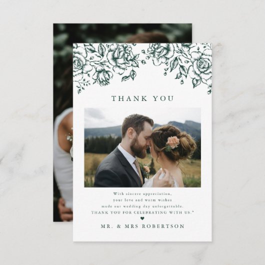 Emerald Greenery Vintage Botanical Simple Wedding サンキューカード (正面/裏面)