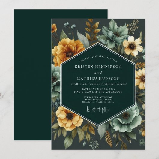 Emerald & Marigold Lush Botanical Wedding 招待状 (正面/裏面)