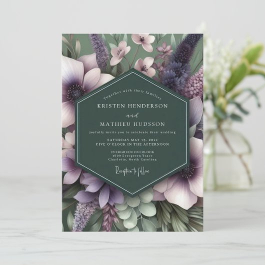 Emerald Mauve Artful Flora Wedding 招待状 (スタンド正面)