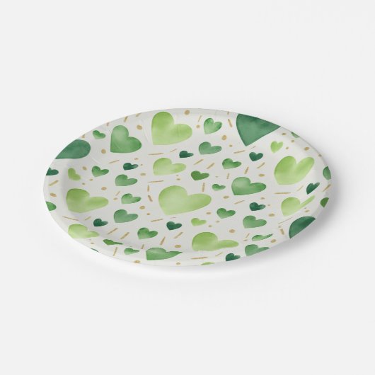 Emerald Meadows Watercolor Heart Pattern ペーパープレート (アングル)