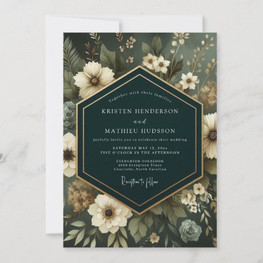 Emerald Moody Floral Elegance Wedding 招待状 (正面)