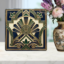 Emerald Navy Gold Art Deco Sun Rays Geometric タイル