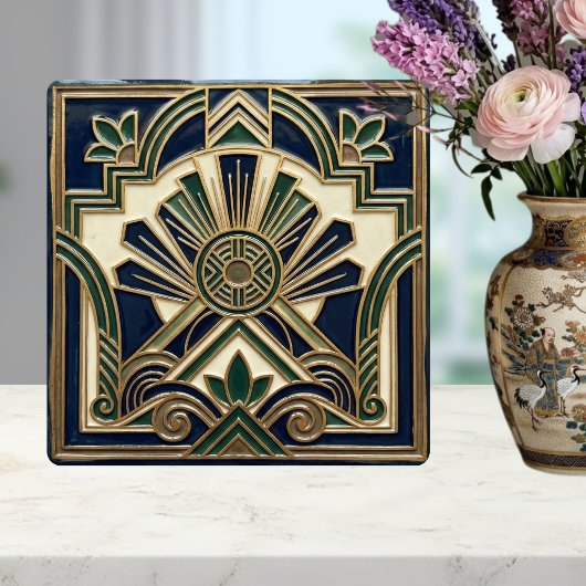 Emerald Navy Gold Art Deco Sun Rays Geometric  タイル
