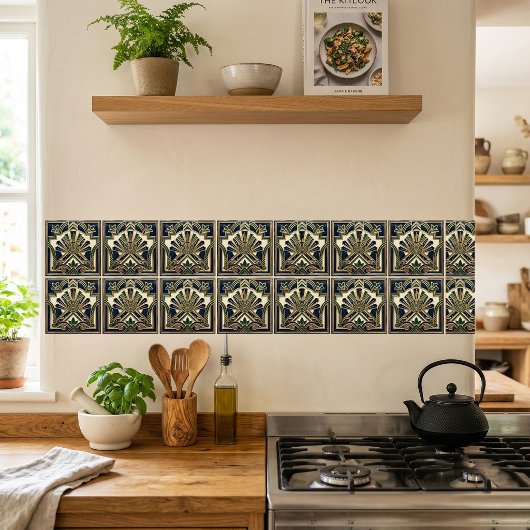 Emerald Navy Gold Art Deco Sun Rays Geometric  タイル