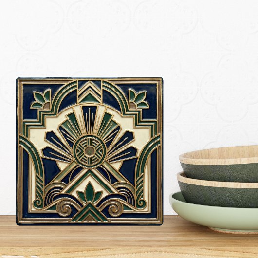 Emerald Navy Gold Art Deco Sun Rays Geometric  タイル