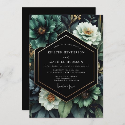 Emerald Nocturne Flora Wedding 招待状 (正面/裏面)