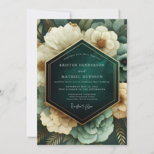 Emerald Opulent Bloom Wedding 招待状 (正面)