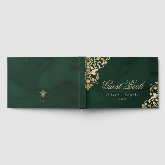 Emerald Ornate Victorian Green and Gold Wedding ゲストブック (全面)