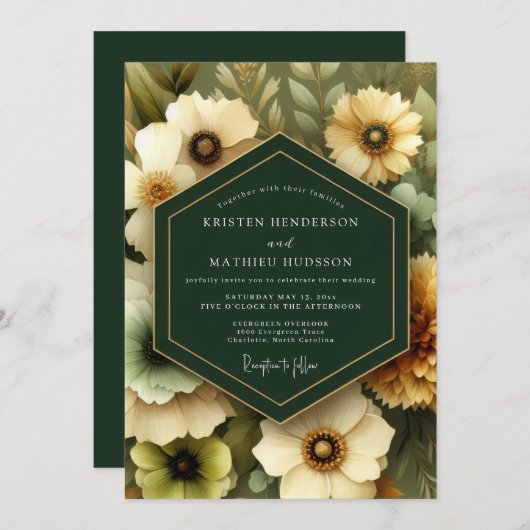 Emerald Painterly Bloom Wedding 招待状 (正面/裏面)