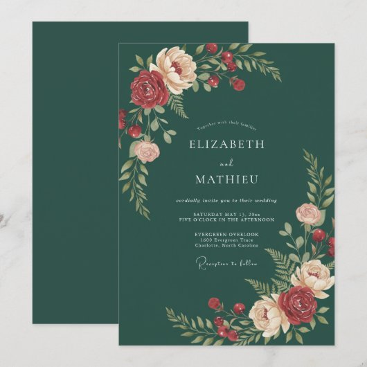 Emerald Painterly Flourish Wedding 招待状 (正面/裏面)