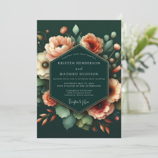 Emerald Peach Artistic Bloom Wedding 招待状 (スタンド正面)