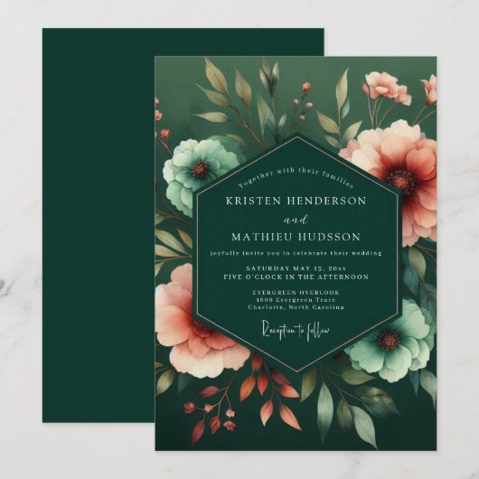 Emerald Peach Flora Wedding 招待状 (正面/裏面)