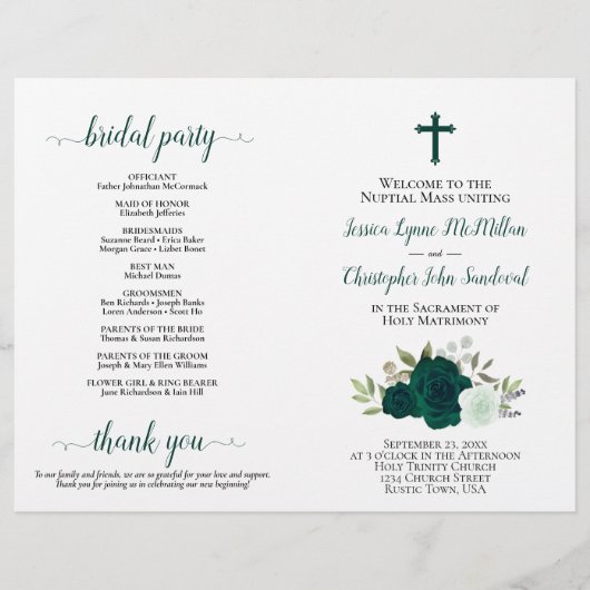 Emerald Roses DIY Fold Catholic Wedding Program (正面)