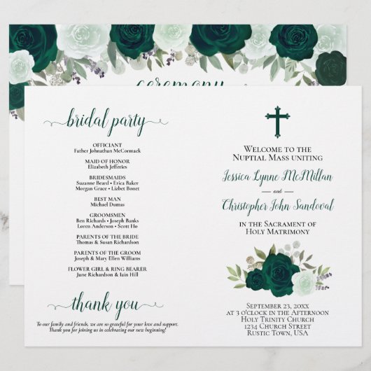 Emerald Roses DIY Fold Catholic Wedding Program (正面/裏面)