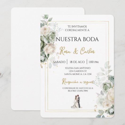 Emerald sage Spanish Wedding Invitation 招待状 (正面/裏面)