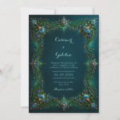 Emerald Sapphire Gilded Floral Wedding 招待状 (正面)