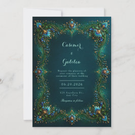 Emerald Sapphire Gilded Floral Wedding 招待状