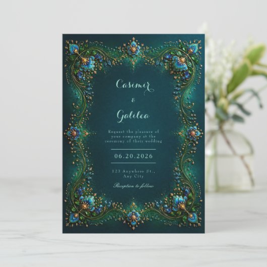 Emerald Sapphire Gilded Floral Wedding 招待状 (スタンド正面)