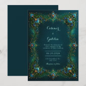 Emerald Sapphire Gilded Floral Wedding 招待状 (正面/裏面)