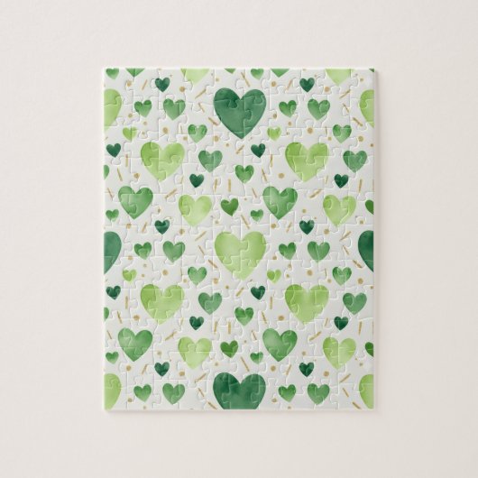 Emerald Sparkle | Green & Gold Watercolor Hearts ジグソーパズル (縦)