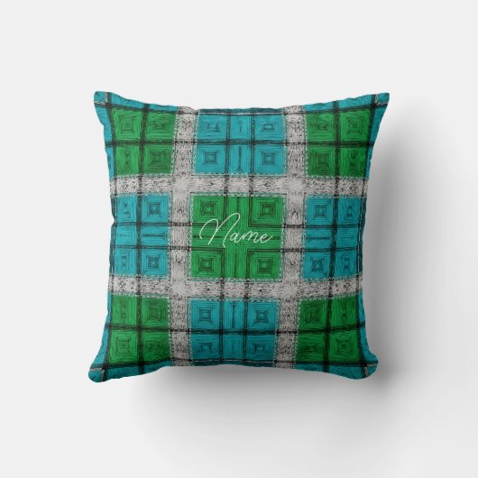 Emerald & Teal Rustic Plaid Pattern Personalized クッション (裏面)