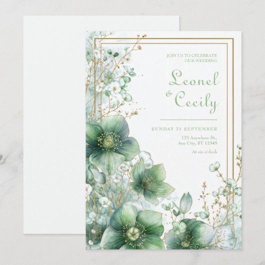 Emerald Translucent Hellebore Botanical Frame 招待状 (正面/裏面)