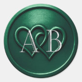 Emerald Two Hearts Silver Monogram Wedding ラウンドシール (正面)