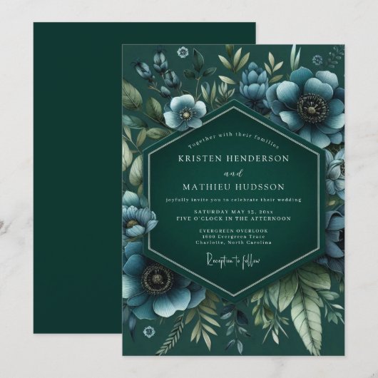 Emerald Umbral Bloom Wedding 招待状 (正面/裏面)