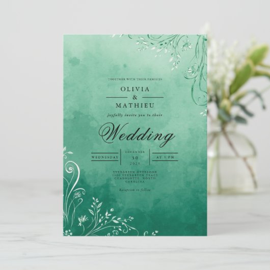 Emerald Watercolor Flourish Wedding 招待状 (スタンド正面)
