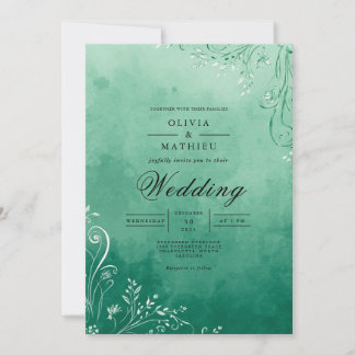Emerald Watercolor Flourish Wedding 招待状
