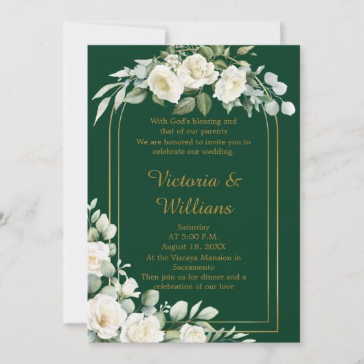 Emerald Winter Elegant Gold Floral Luxury Wedding 招待状 (正面)