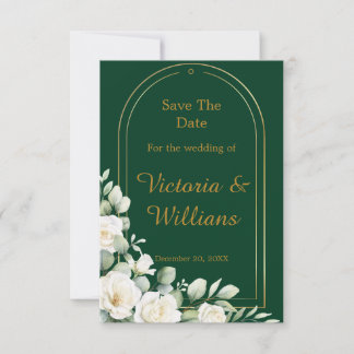Emerald Winter Elegant Gold Floral Wedding Announc セーブザデート