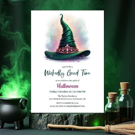 Emerald Witch Hat Wickedly Good Time Halloween 招待状