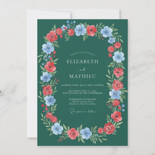 Emerald Wreath Floral Romance Wedding 招待状 (正面)