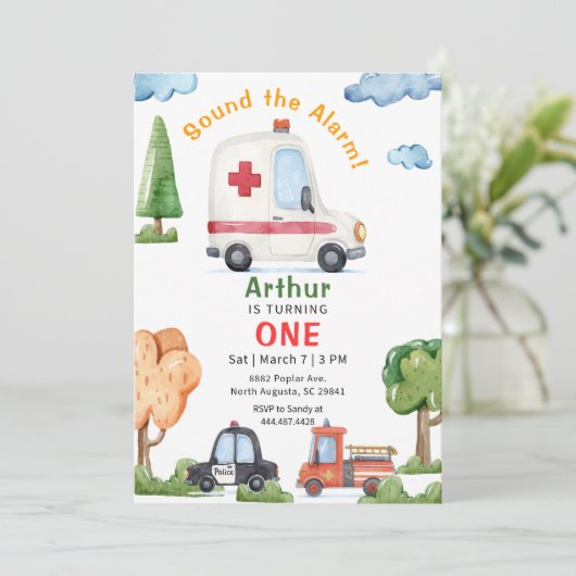 Emergency Vehicles Ambulance Birthday Invitation 招待状 (スタンド正面)