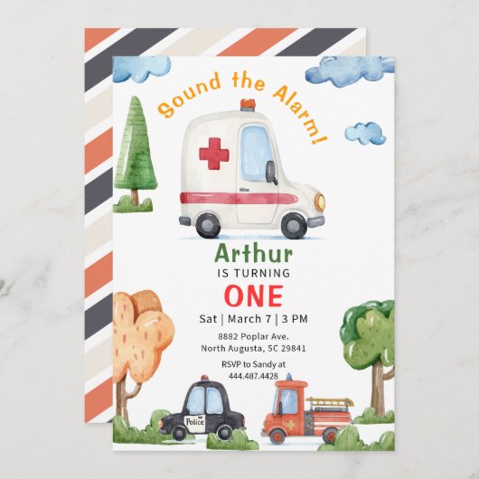 Emergency Vehicles Ambulance Birthday Invitation 招待状 (正面/裏面)