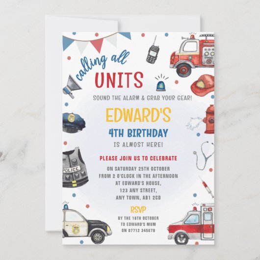 Emergency Vehicles Birthday Invite - Police, Fire 招待状 (正面)