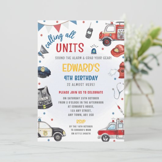 Emergency Vehicles Birthday Invite - Police, Fire 招待状 (スタンド正面)