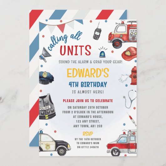 Emergency Vehicles Birthday Invite - Police, Fire 招待状 (正面/裏面)