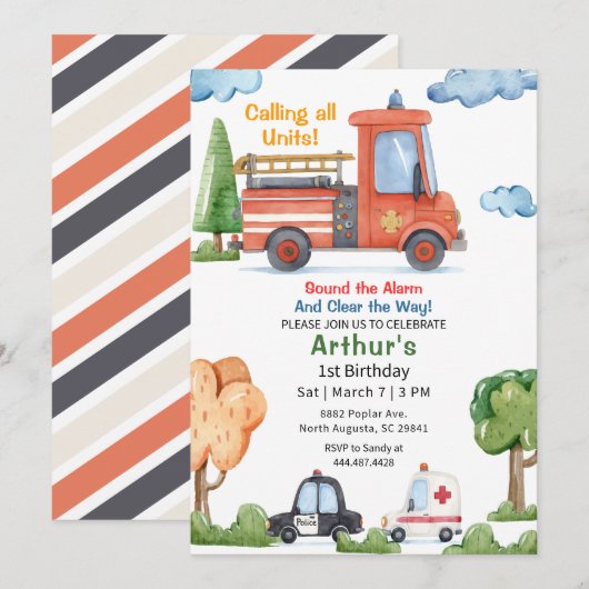 Emergency Vehicles Firetruck Birthday 招待状 (正面/裏面)