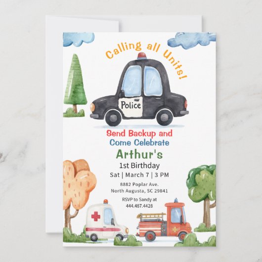 Emergency Vehicles Police car Birthday 招待状 (正面)