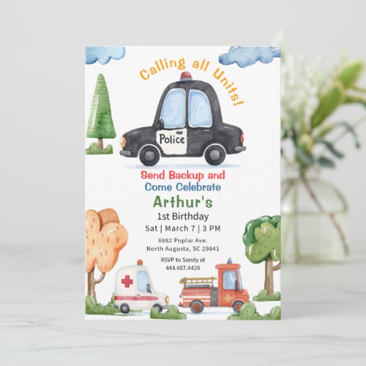 Emergency Vehicles Police car Birthday 招待状 (スタンド正面)