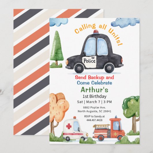 Emergency Vehicles Police car Birthday 招待状 (正面/裏面)