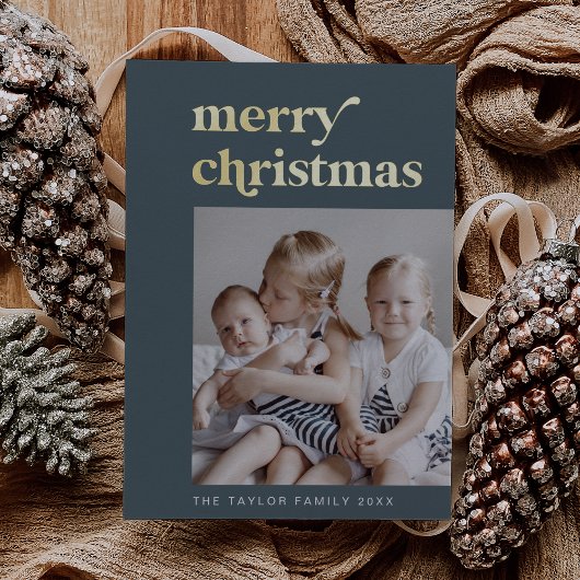 EMERYブルーゴールドフォイルレトロヴィンテージ写真クリスマス 箔シーズンカード