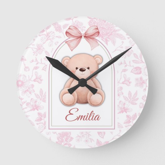 Emilia | Custom Pink Teddy Bear Nursery Design ラウンド壁時計 (正面)