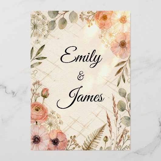Emily & James ボヘミアン ウォーターカラー ウェディング インビテーション | 箔招待状 (正面)