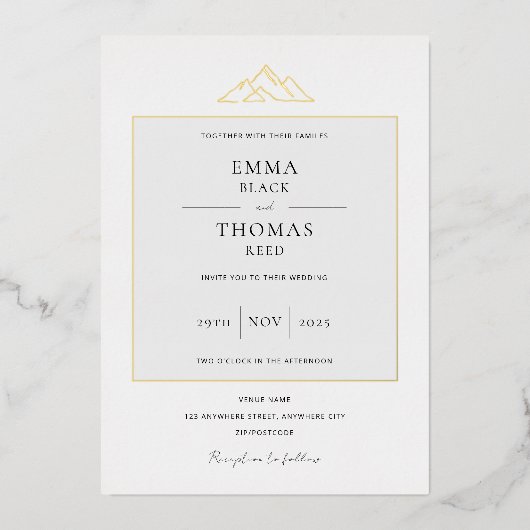 EMMAマウンテンミニマリストドーヴグレーフォイル招待状 箔招待状 (正面)